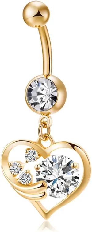 Wycian Navel Rings, Stainless Steel Belly Piercing Jewelry Hollow Heart with Cubic Zirconia Gold Belly Button Ring for Women Gold
