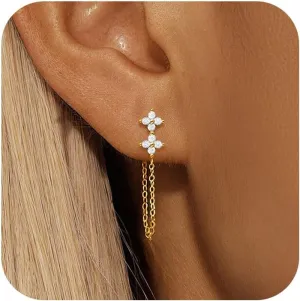 XAYAH CZ Lucky Leaf Chain Earrings for Women 925 Sterling Silver Earscapes Earrings to Daughter 14K Gold Plated Drop Dangle Stud Earring Jewelry Wedding Birthday 2025 Graduation Season Gift for Her