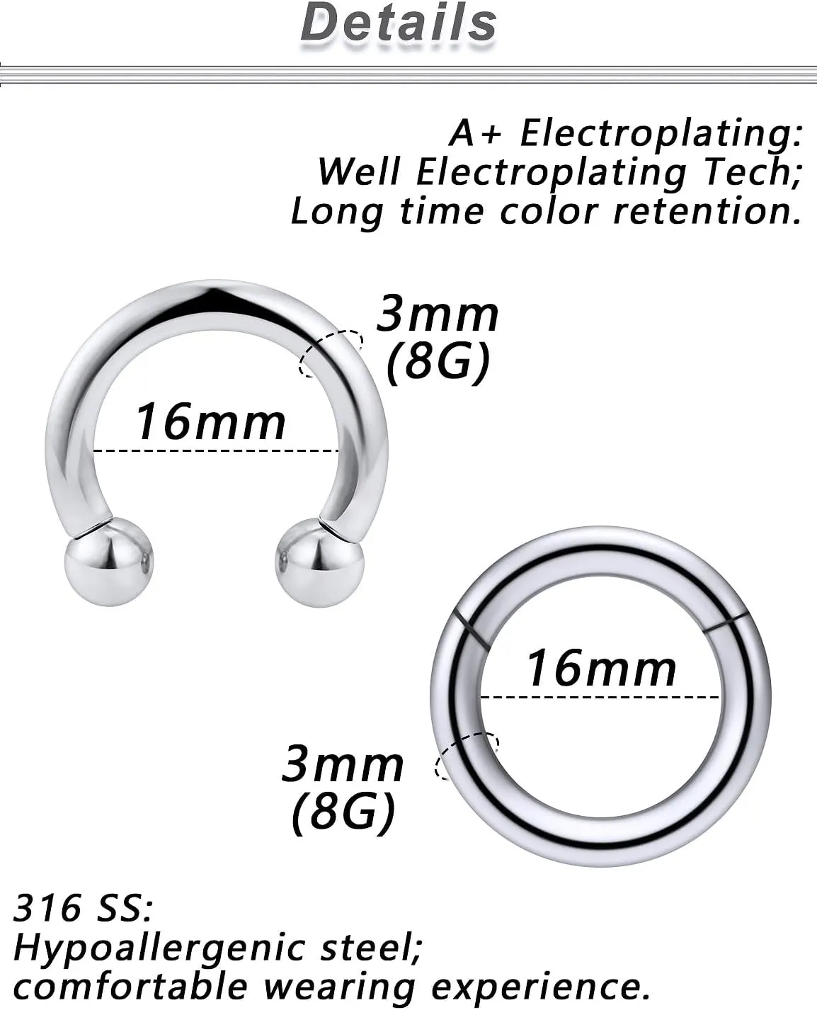 Yaalozei 10G 8G 6G Septum Rings Hinged Ear Gauges Clicker Silver 316L Surgical Steel Heavy Horseshoes Gauges Tunnels Ear Lobe Earrings stretching kit 12mm 14mm 16mm